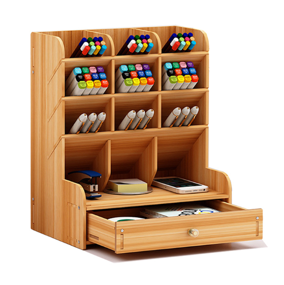 Wooden organizer for stationery with a drawer