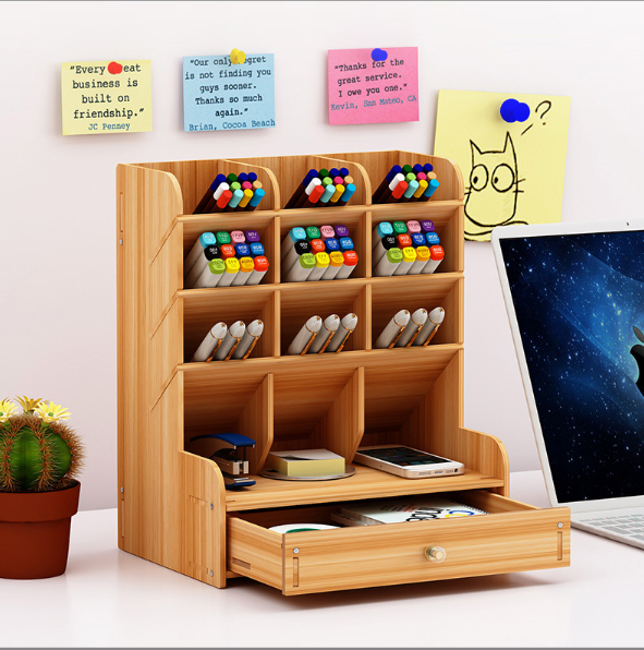 Wooden organizer for stationery with a drawer