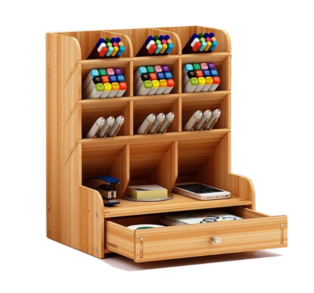 Wooden organizer for stationery with a drawer