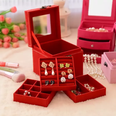 Velvet jewelry box with mirror (3 levels)