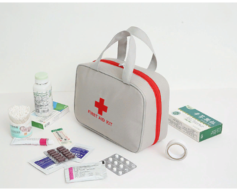 Travel first aid kit with handles, gray