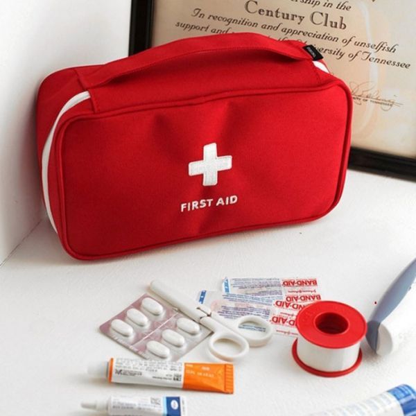 Large, red first aid kit