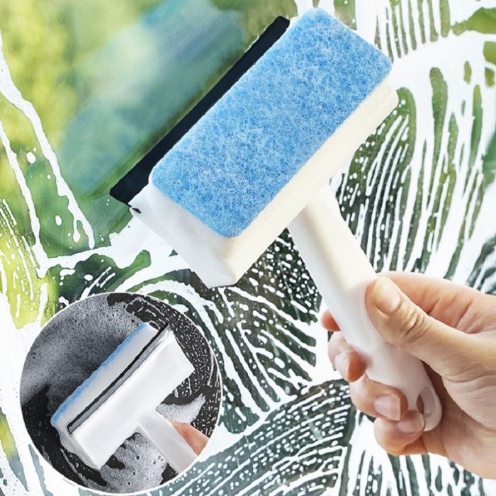 Double-sided glass and mirror cleaner with waterspout, abrasive sponge and plastic handle