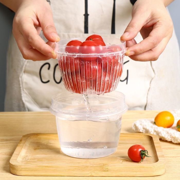 Round container with double bottom, 300 ml, screw lid, colander, plastic, transparent