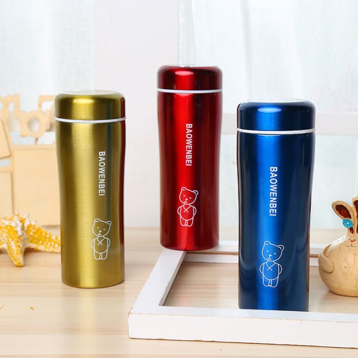 Stainless steel thermo mug with double walls and strainer, colors in assortment