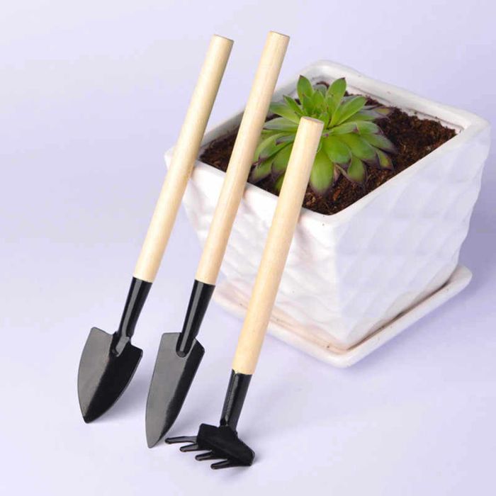 Set of mini tools for flower gardening (includes 1 rake and 2 trowels)