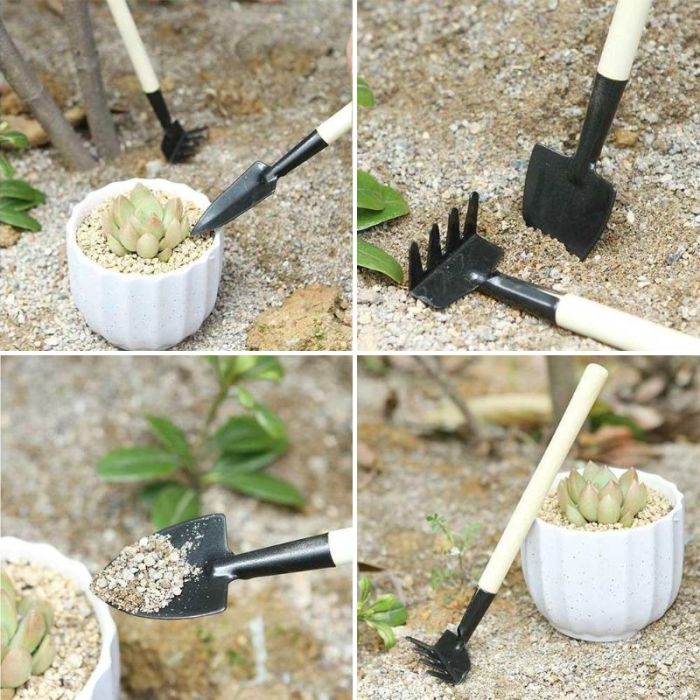 Set of mini tools for flower gardening (includes 1 rake and 2 trowels)