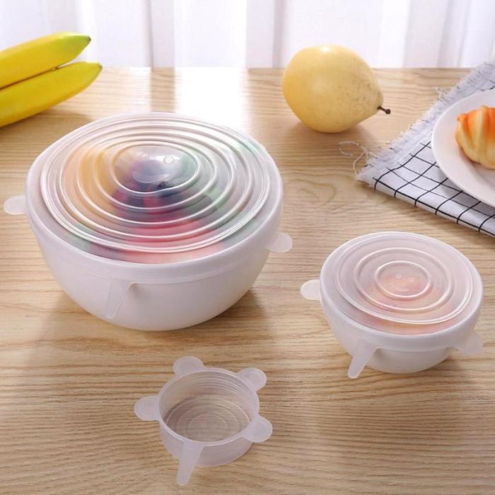 Set of silicone films with ears - 6 round food lids of different sizes to keep food fresh.