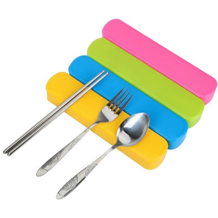 3-piece stainless steel cutlery set (spoon, fork, chopsticks) in a plastic case