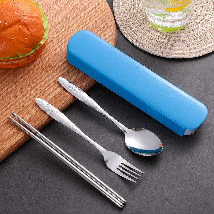 3-piece stainless steel cutlery set (spoon, fork, chopsticks) in a plastic case