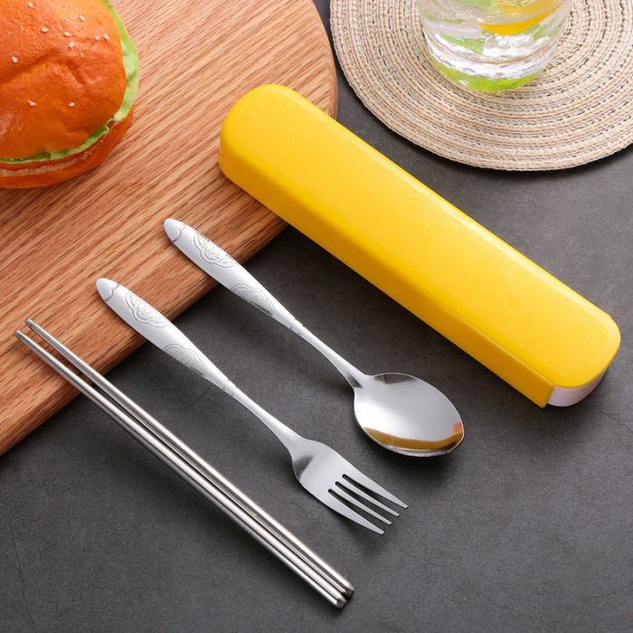 3-piece stainless steel cutlery set (spoon, fork, chopsticks) in a plastic case