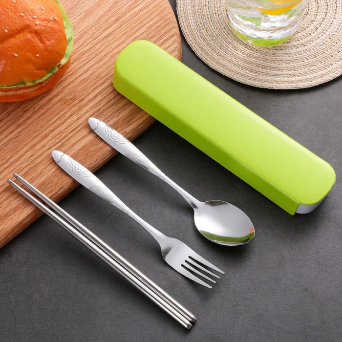 3-piece stainless steel cutlery set (spoon, fork, chopsticks) in a plastic case