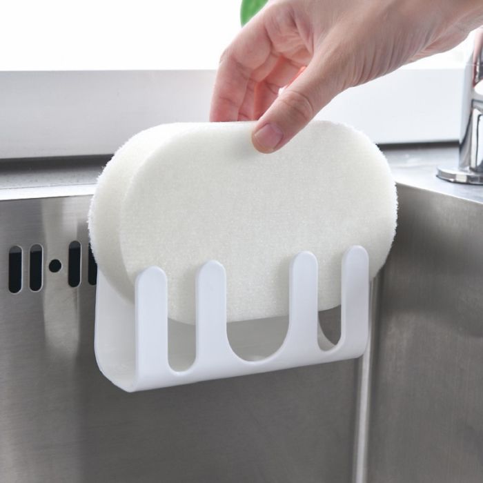 Wall sponge holder with 4 hooks plastic, with drain holes, self-adhesive