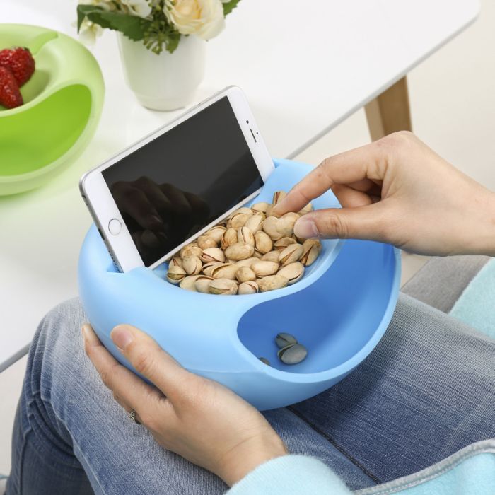 Bowl-holder for phone and for seeds, nuts, various snacks