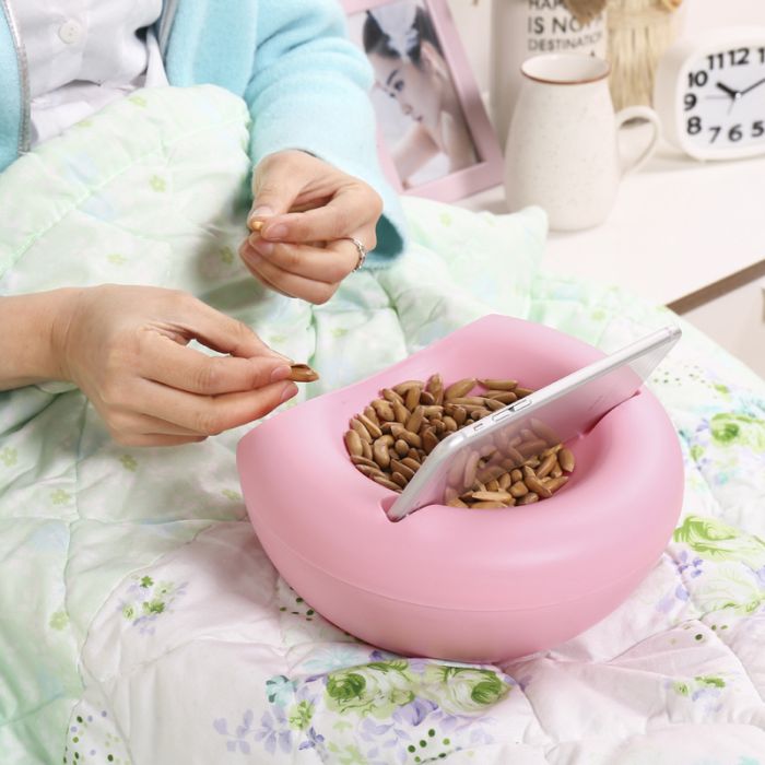 Bowl-holder for phone and for seeds, nuts, various snacks